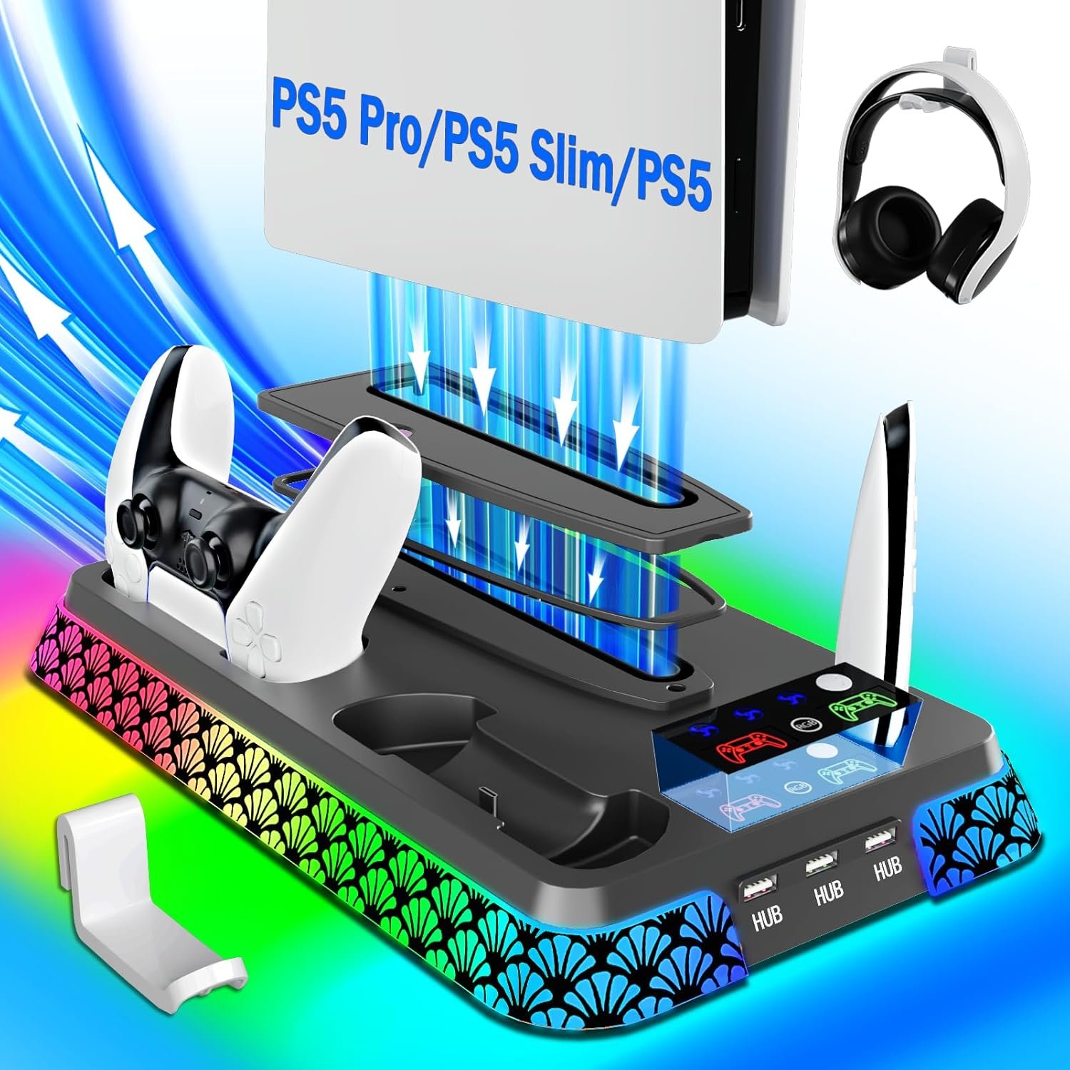 PS5/Slim/Pro Stand and Cooling Station with LED Controller C...